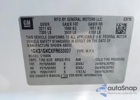 2015 GMC Yukon Xl 1500 Sle z USA, uszkodzony, nr VIN 1GKS1GKCXFR633037